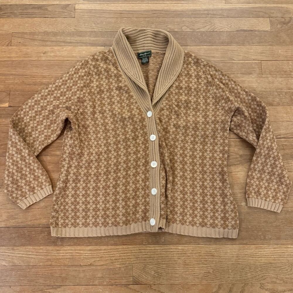 Eddie Bauer brown tan plaid five button cowl neck cardigan sweater size XXL
 b50